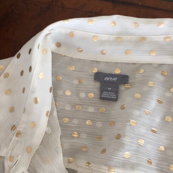 aerie Sheer Gold Polka Dot Long Sleeve Blouse Button Down Medium - Picture 6 of 7